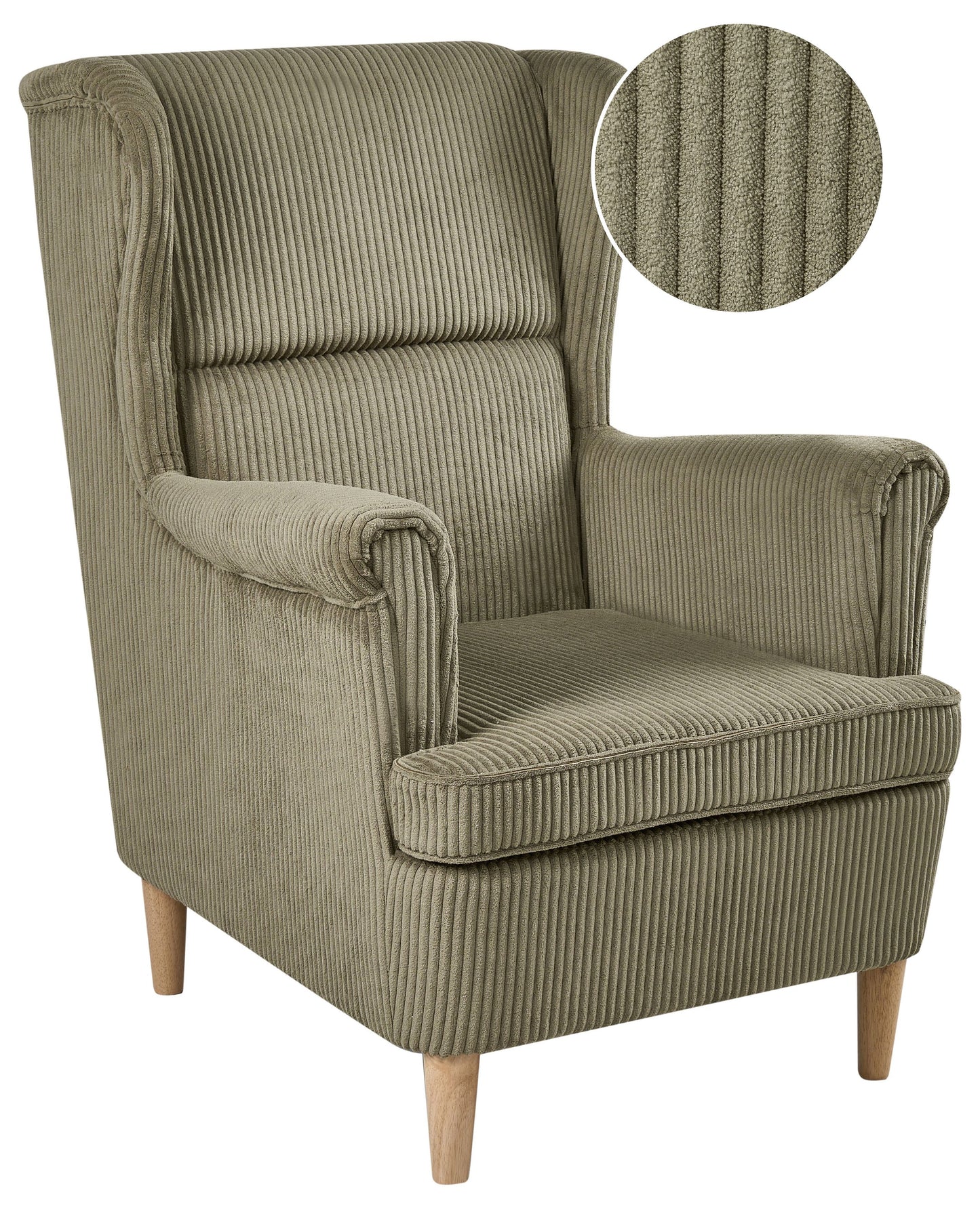 Heritage Lane Wingback Chair Corduroy Green High Back With Wood Legs
