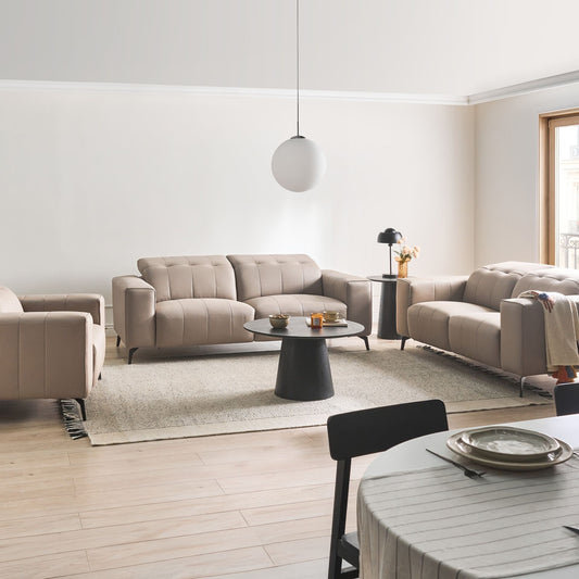 Taupe Faux Leather Living Room Set With Adjustable Headrests