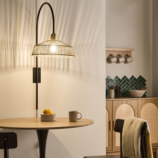 Handmade Wall Lamp With Natural Paper Rope Lampshade And Black Metal Base For Living Room Or Bedroom