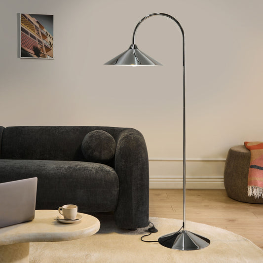 Floor Lamp Silver Metal Shade And Base Arched Modern Design For Living Room And Bedroom
