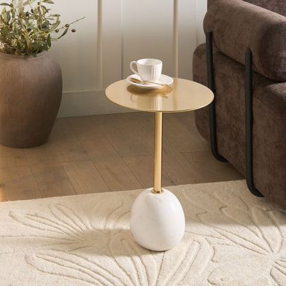 Side Table Gold Metal Top With White Marble Base Round Glam Living Room Accent