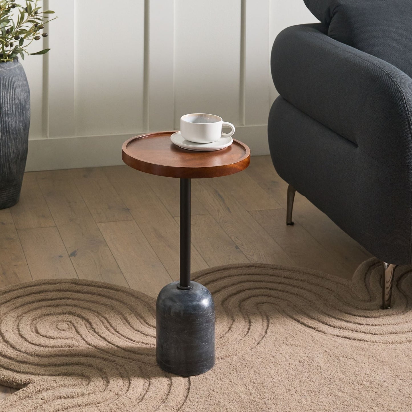 Side Table Brown Mango Wood Top With Black Marble Base Round Modern Living Room