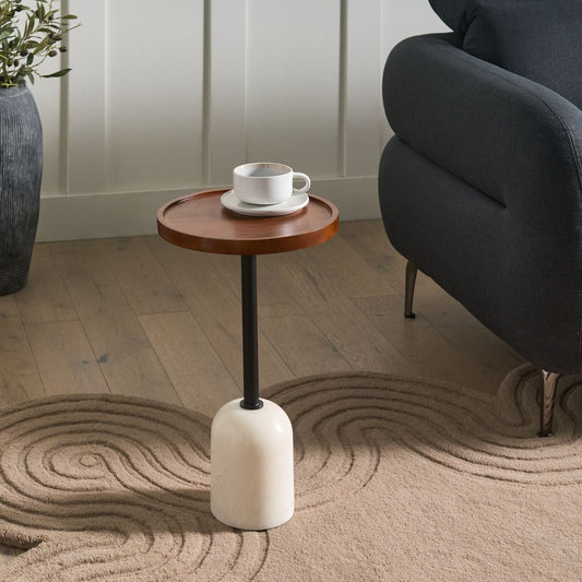 Modern Mango Wood Round Side Table With White Marble Base