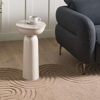 Beige Marble Top Side Table With Powder-Coated Metal Base Round