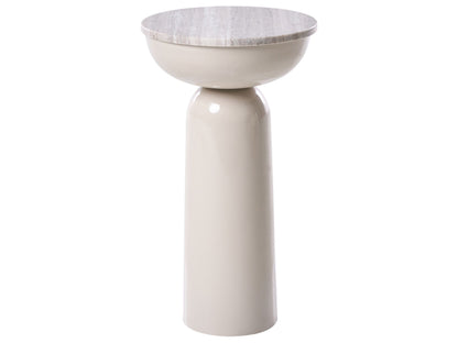 Beige Marble Top Side Table With Powder-Coated Metal Base Round
