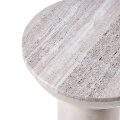Beige Marble Top Side Table With Powder-Coated Metal Base Round