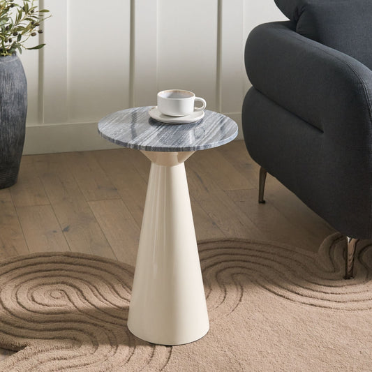 Side Table White Marble Top Round Powder Coated Grey Base