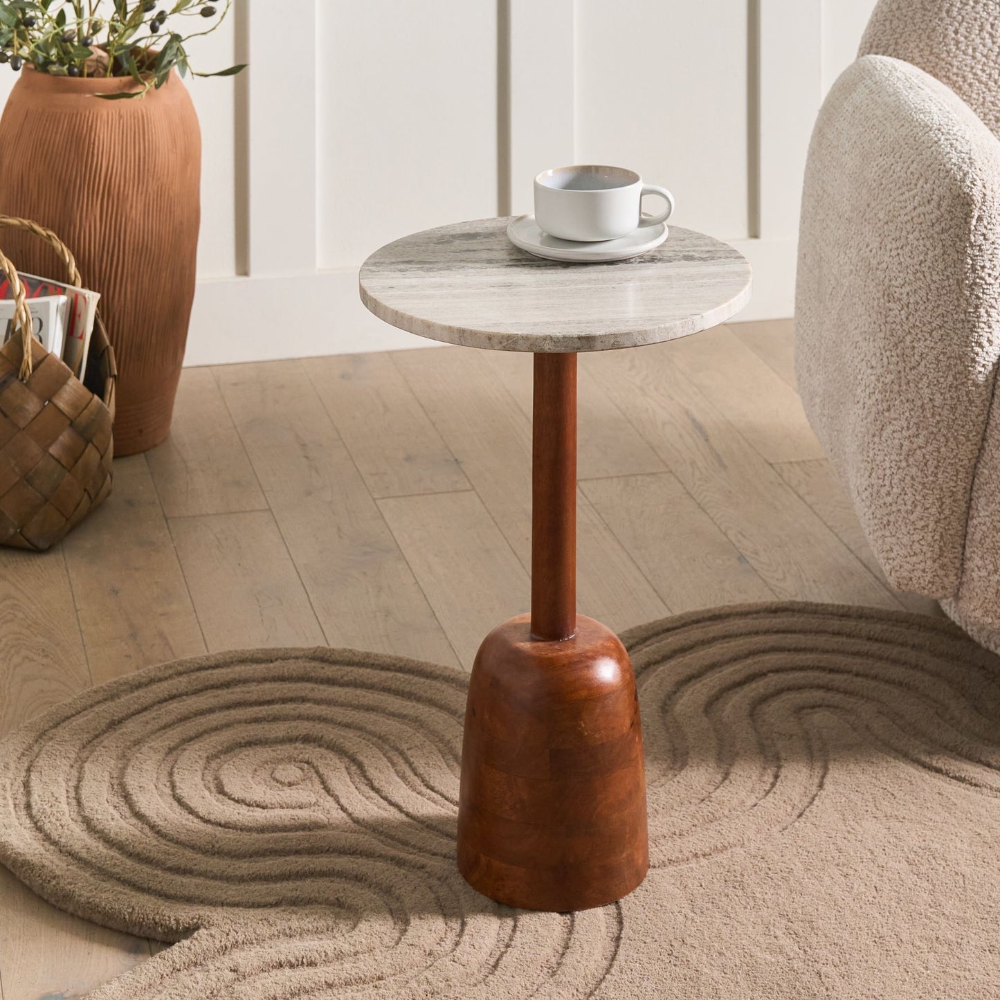 Side Table Brown Mango Wood Base Marble Top Round Modern Living Room