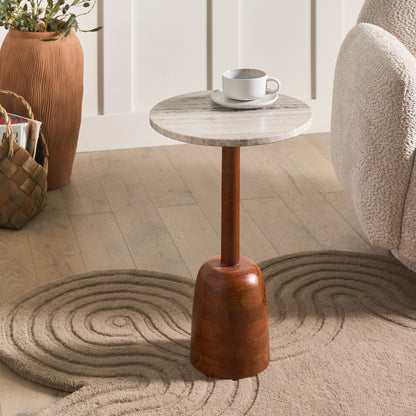 Side Table Brown Mango Wood Base Marble Top Round Modern Living Room