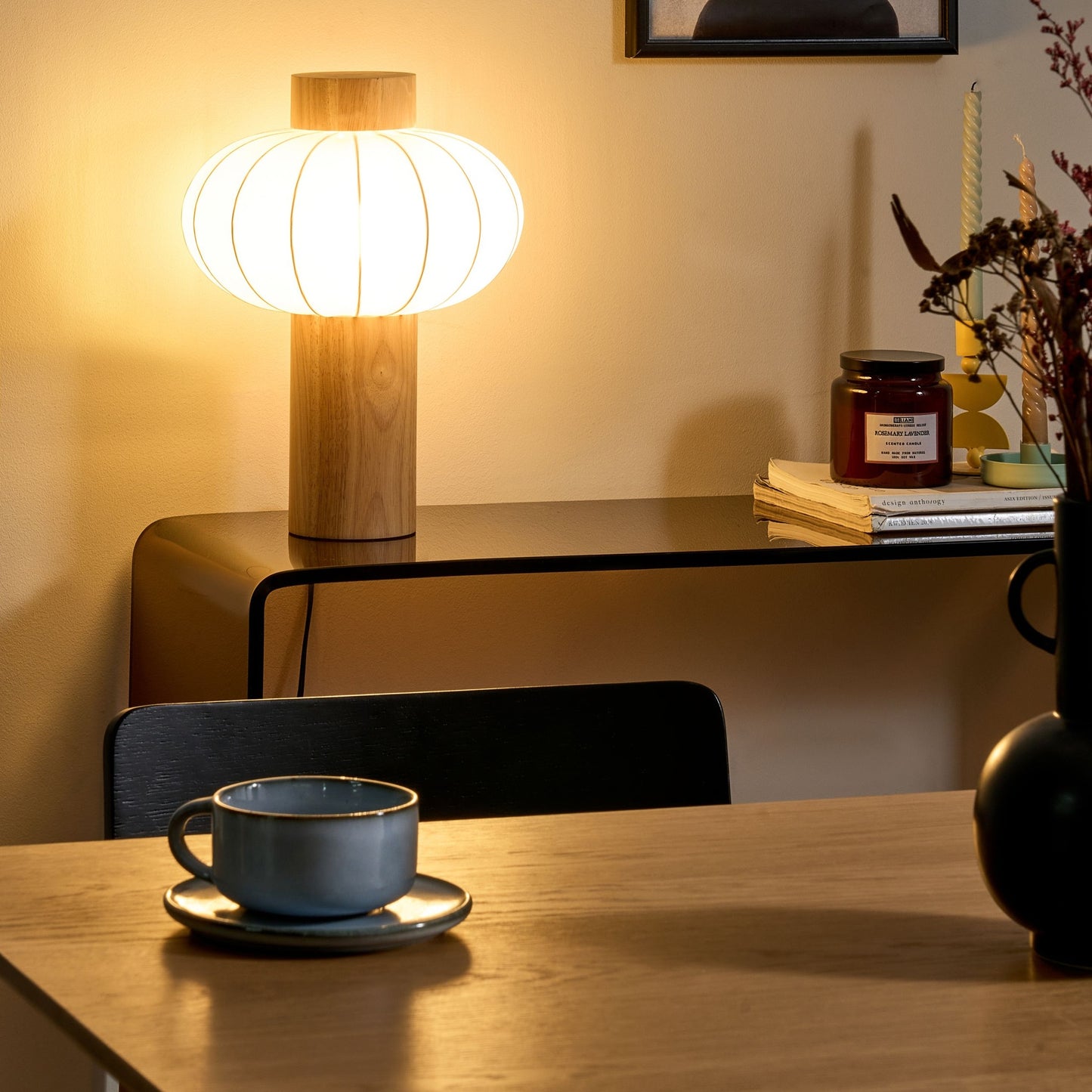 Table Lamp Pumpkin Shade Light Brown Rubberwood