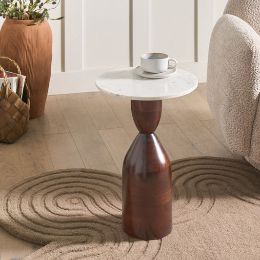 Side Table Brown Mango Wood Base Marble Top Round