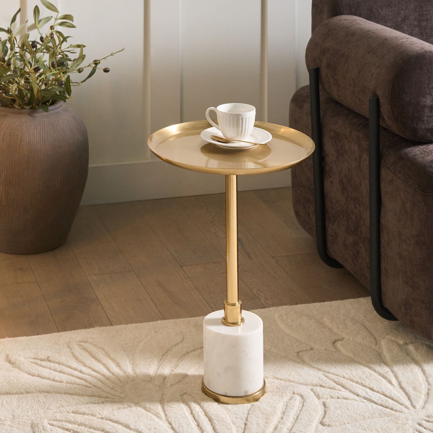 Aster Home Side Table White and Gold Marble Round End Table 36cm