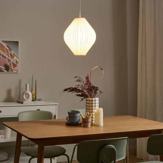 Pendant Lamp White Ribbed Fabric Shade Diffused Soft Living Room Light