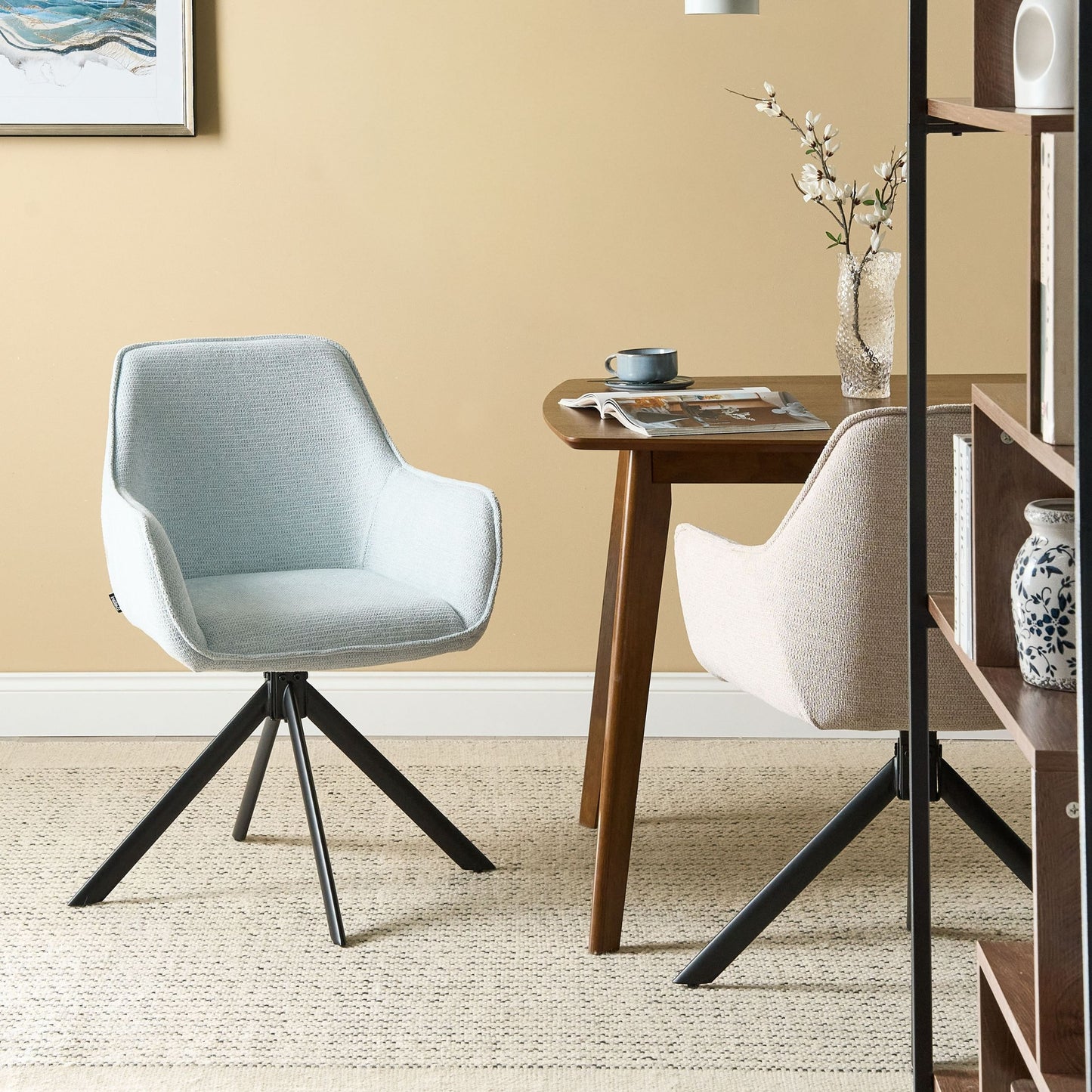 Swivel Dining Chair Light Blue Fabric Upholstered Armrest