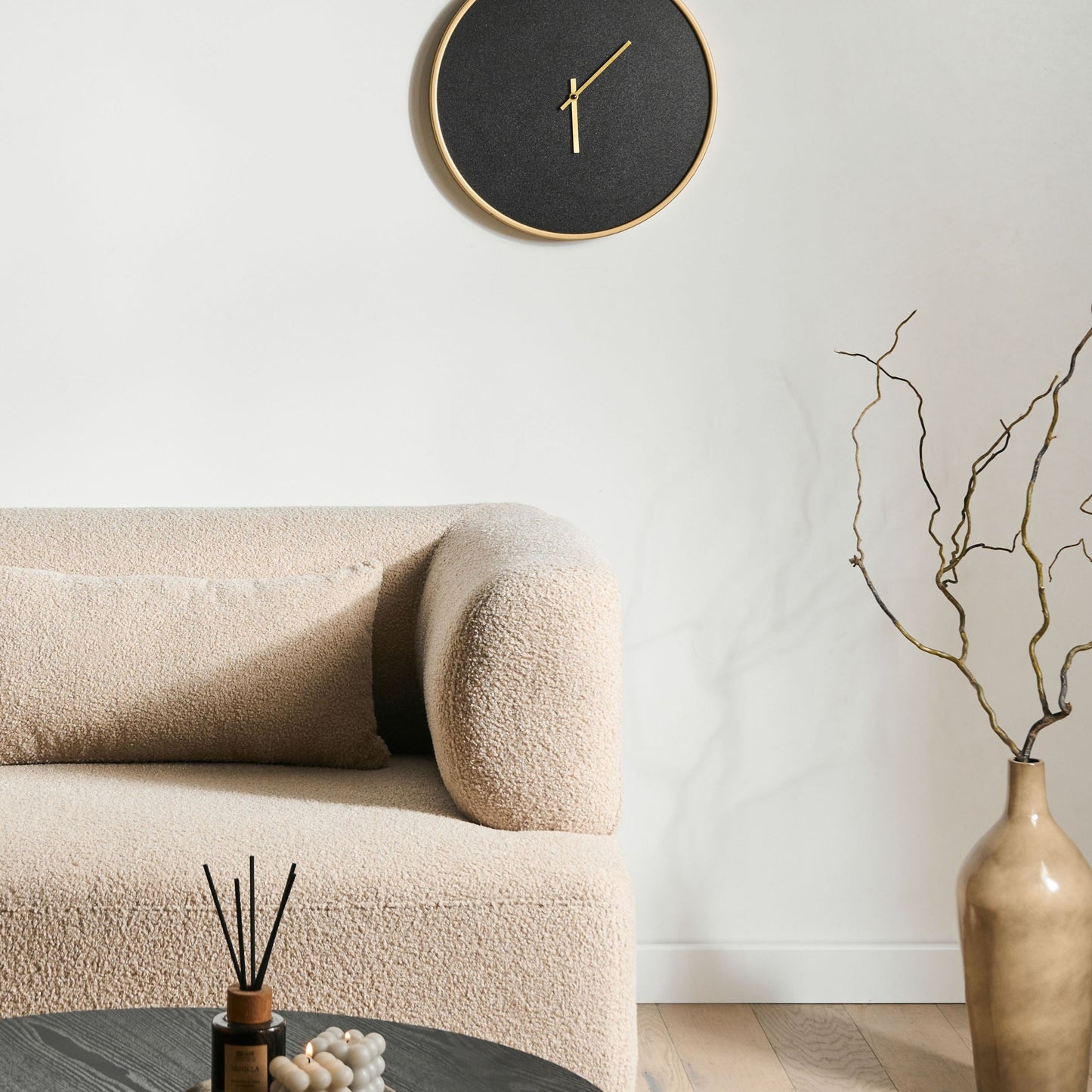 Aurora Wall Clock Black MDF Industrial Minimalist Gold Frame Hands