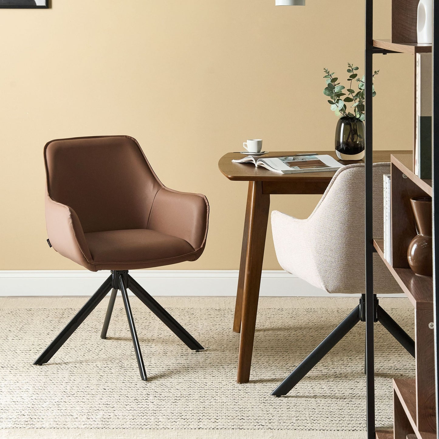 Swivel Dining Chair Brown Faux Leather With Armrest