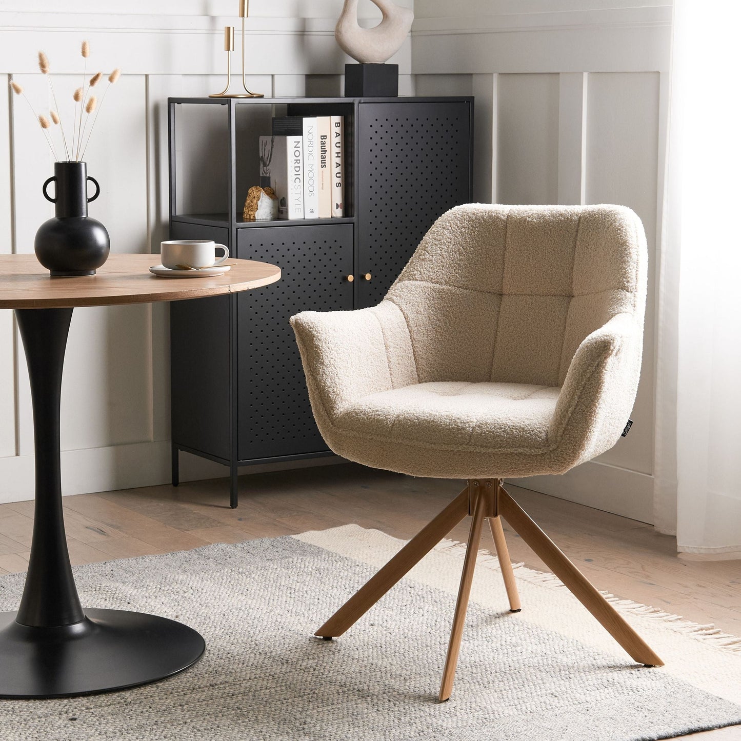 Swivel Dining Chair Light Beige Boucle Teddy