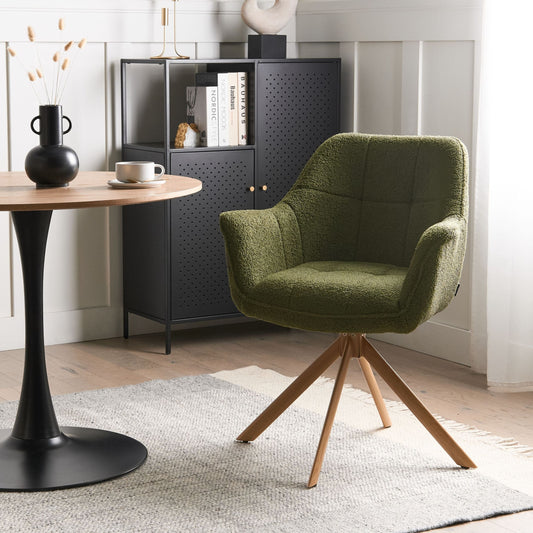 Swivel Dining Chair Green Boucle Teddy Curved Backrest