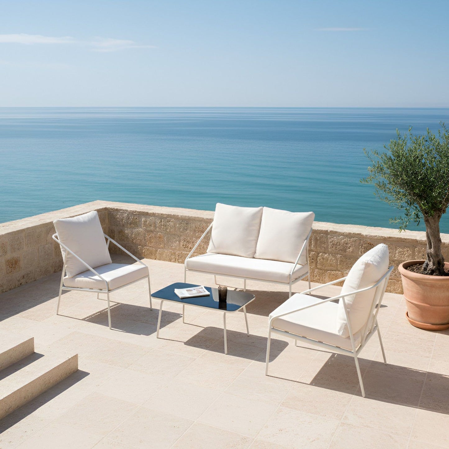 White Metal Garden Set 4 Seater With Removable Cushion Covers And Tempered Glass Table Modern