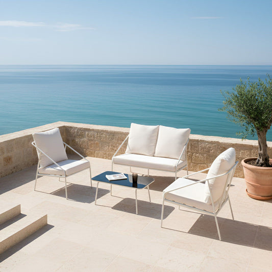 White Metal Garden Set 4 Seater With Removable Cushion Covers And Tempered Glass Table Modern