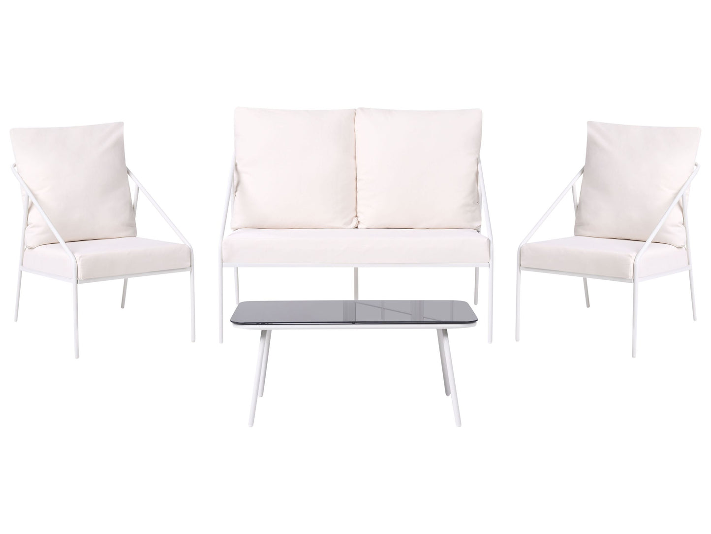 White Metal Garden Set 4 Seater With Removable Cushion Covers And Tempered Glass Table Modern