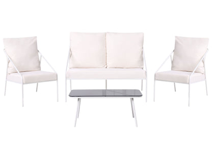 White Metal Garden Set 4 Seater With Removable Cushion Covers And Tempered Glass Table Modern