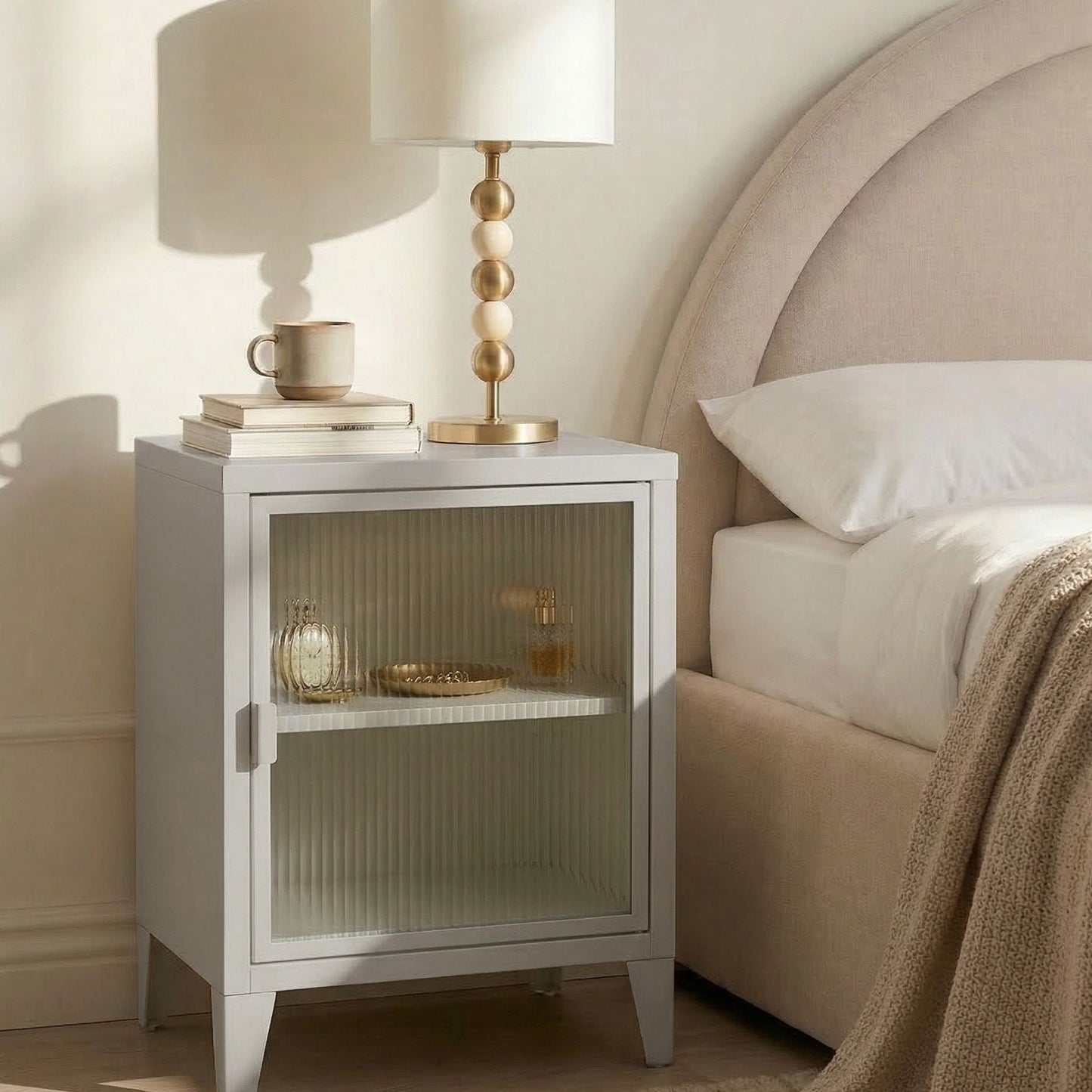 Light Grey Metal Storage Cabinet With Fluted Glass Front