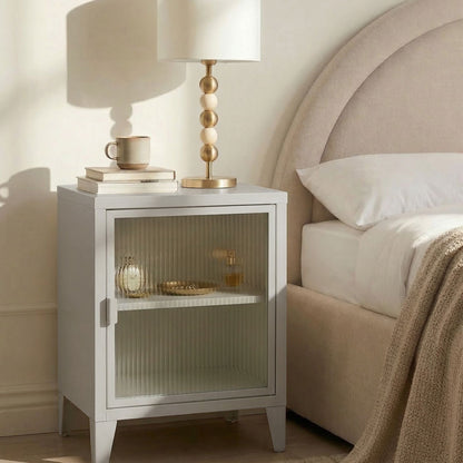 Light Grey Metal Storage Cabinet With Fluted Glass Front
