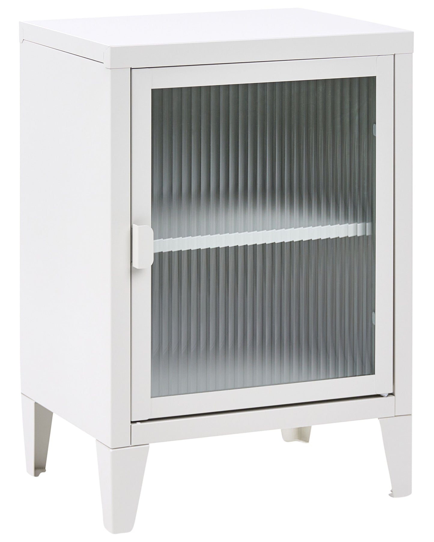 Light Grey Metal Storage Cabinet With Fluted Glass Front