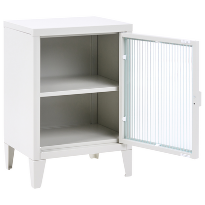 Light Grey Metal Storage Cabinet With Fluted Glass Front