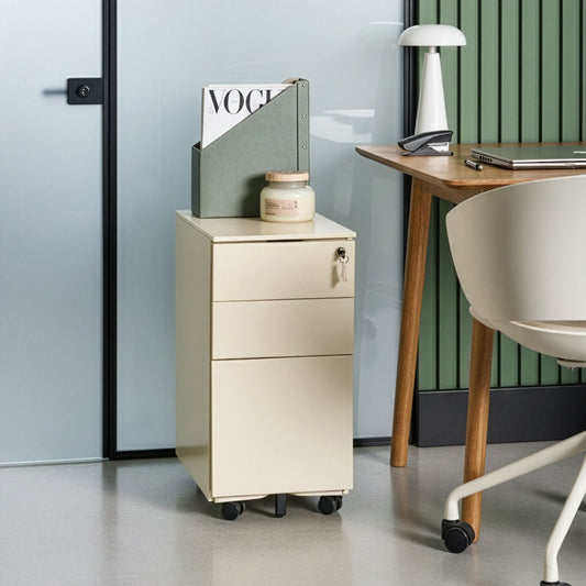 Storage Cabinet Light Beige Metal 3-Drawers Key Lock