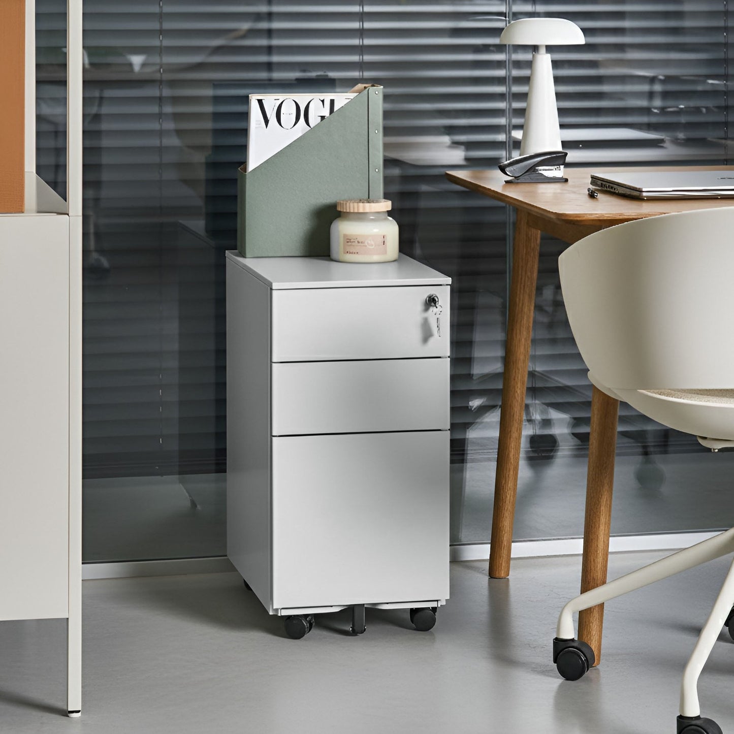 Light Grey Metal 3 Drawer Cabinet With Key Lock Castors For Home Office And Garage