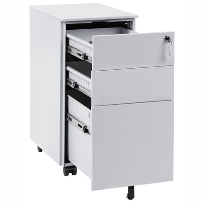 Light Grey Metal 3 Drawer Cabinet With Key Lock Castors For Home Office And Garage
