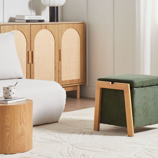 Retro Pouffe With Green Fabric Storage Ottoman