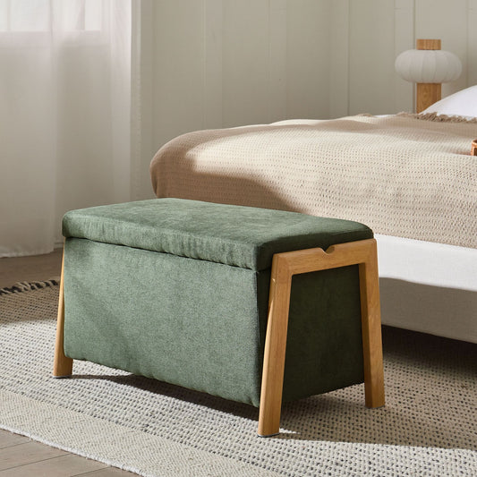 Storage Bench Green Fabric Upholstery With Hidden Integrated Storage Compartments