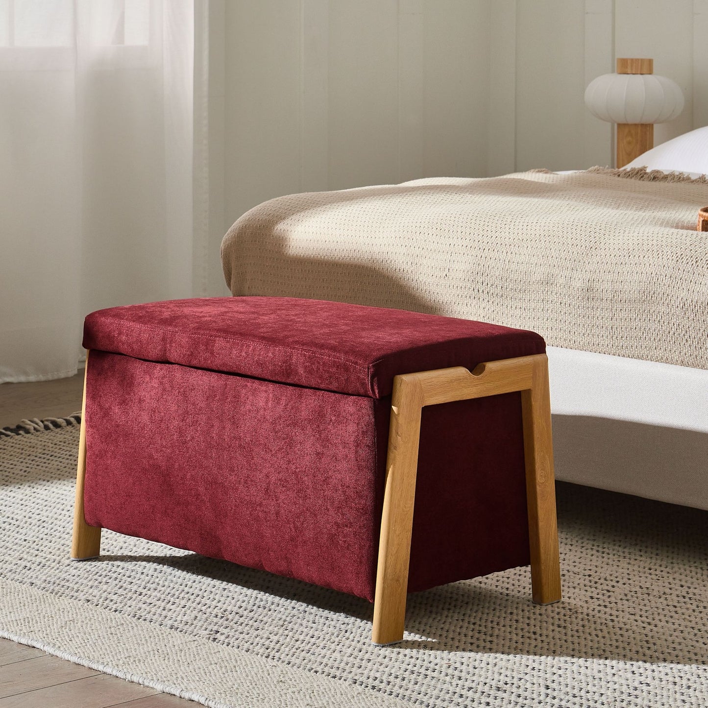 Burgundy Fabric Storage Bench Modern Design