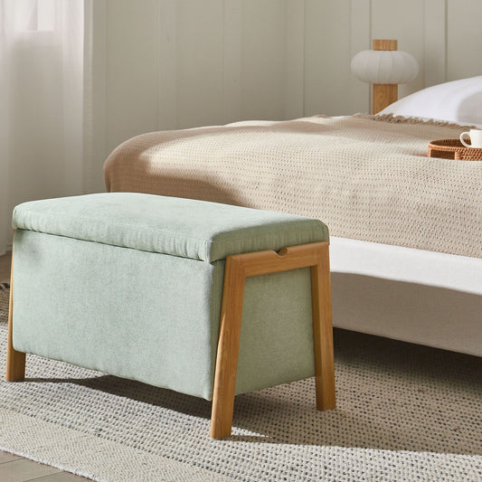 Storage Bench Light Green Fabric Upholstered Modern Glam