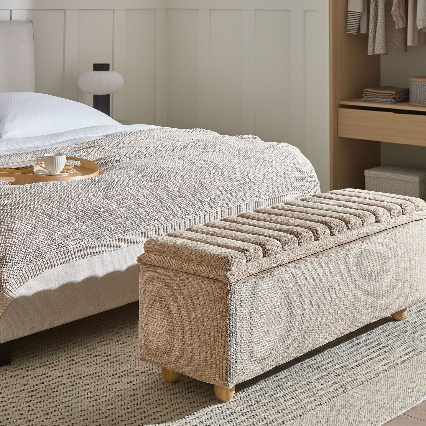 Storage Bench Beige Water-Repellent Fabric Upholstery