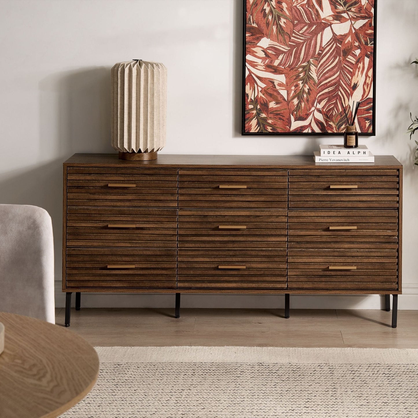 UrbanOak 9 Drawer Chest Dark Brown Black MDF With Iron Legs Modern Style Living Room Storage