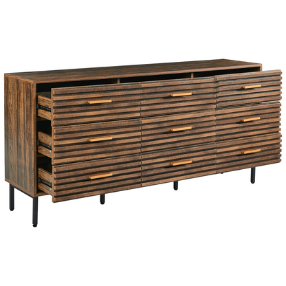 UrbanOak 9 Drawer Chest Dark Brown Black MDF With Iron Legs Modern Style Living Room Storage