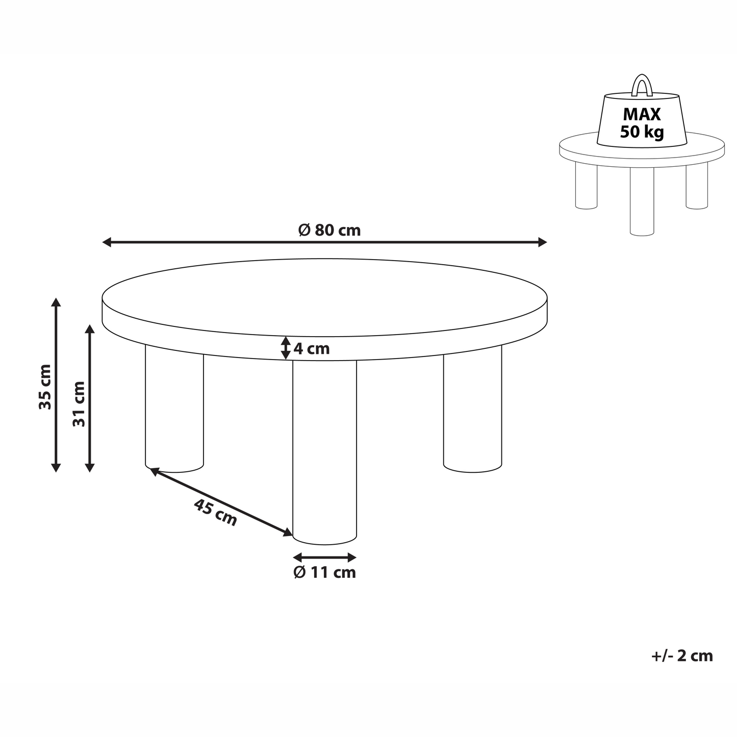 Black Round Coffee Table 80cm Smooth Top