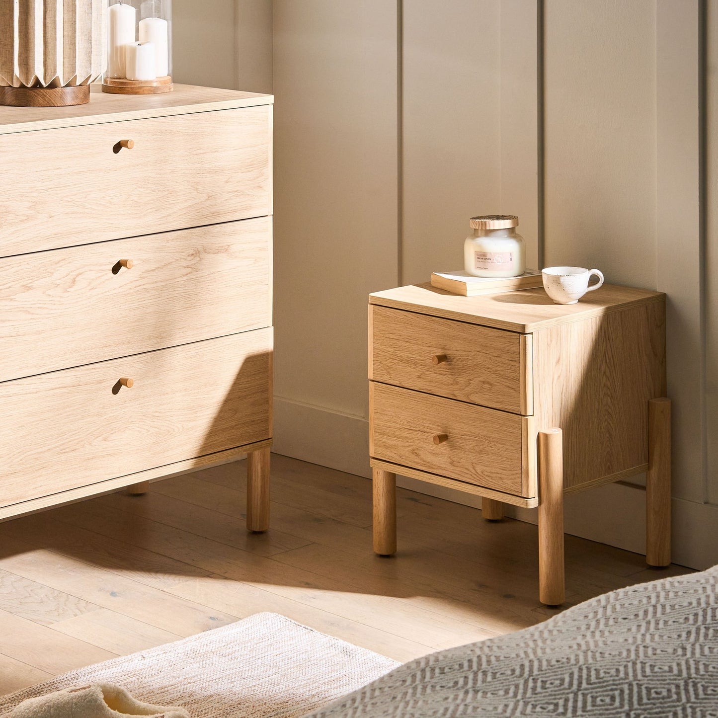 Bedside Table Light Brown Particle Board With Solid Wood Legs And Two Drawers