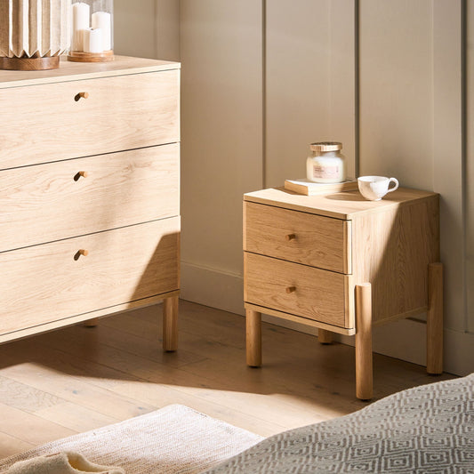 Bedside Table Light Brown Particle Board With Solid Wood Legs And Two Drawers