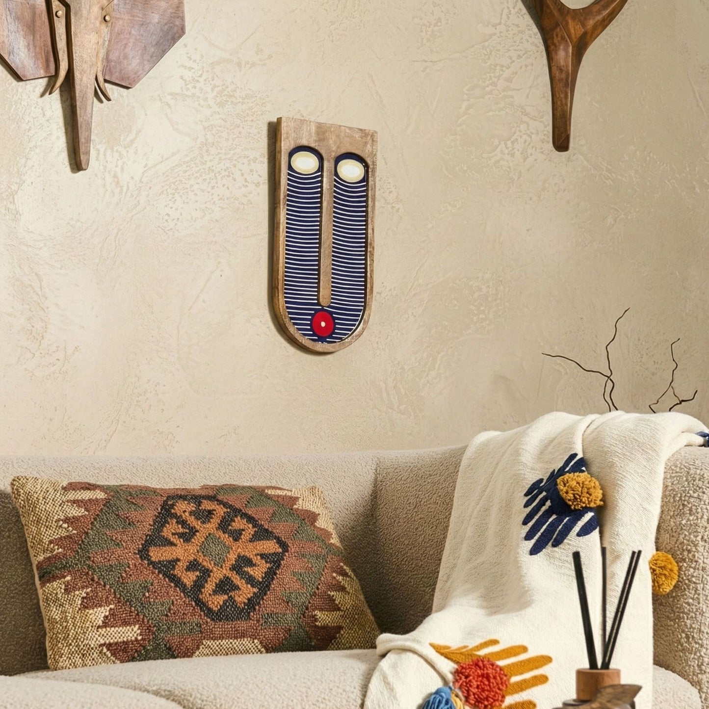 Blue Mango Wood Wall Decor Handcrafted Abstract Face Motif