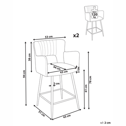 Noble Navy Velvet Bar Chair Set Of 2 With Armrests Cut-Out Backrest