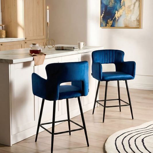 Noble Navy Velvet Bar Chair Set Of 2 With Armrests Cut-Out Backrest