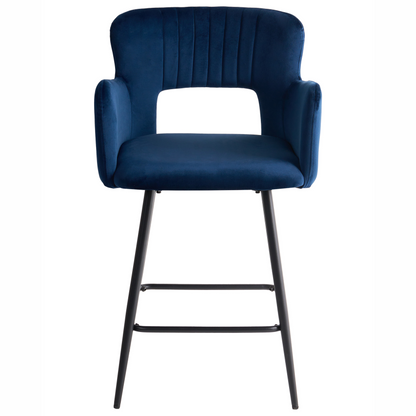 Noble Navy Velvet Bar Chair Set Of 2 With Armrests Cut-Out Backrest