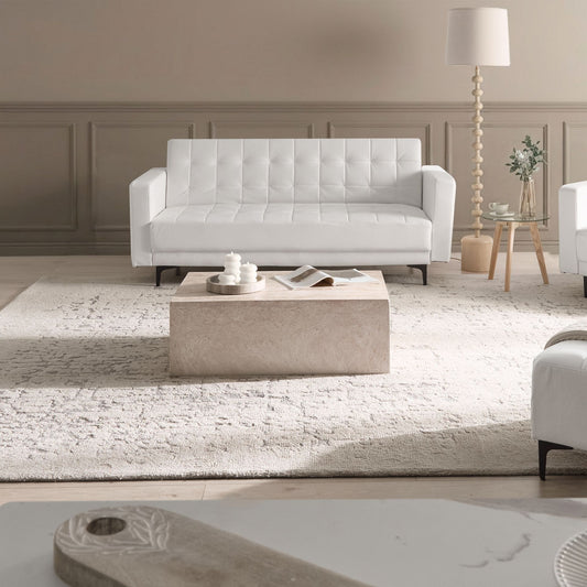 White Faux Leather Tufted Sofa Bed With Click Clack Reclining 3 Seater Black Legs Track Arm