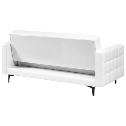 White Faux Leather Tufted Sofa Bed With Click Clack Reclining 3 Seater Black Legs Track Arm