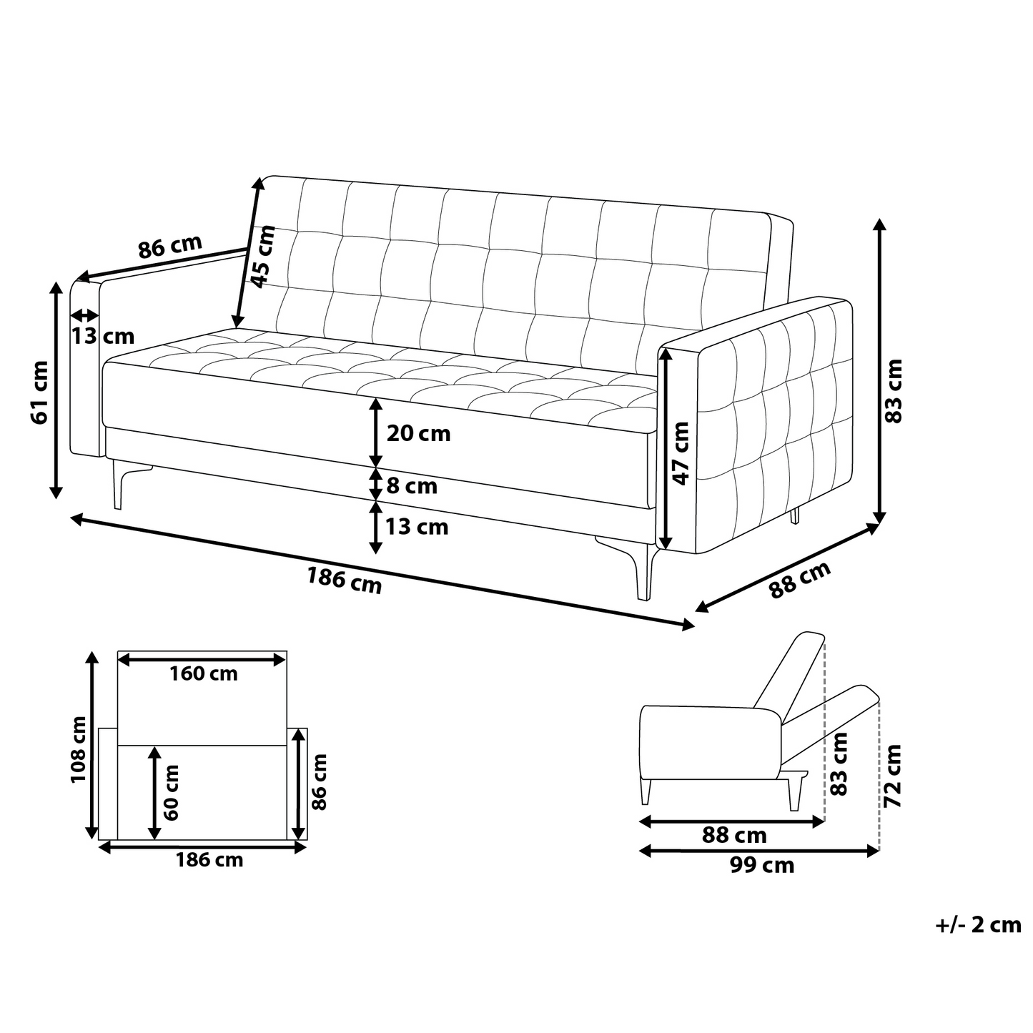White Faux Leather Tufted Sofa Bed With Click Clack Reclining 3 Seater Black Legs Track Arm